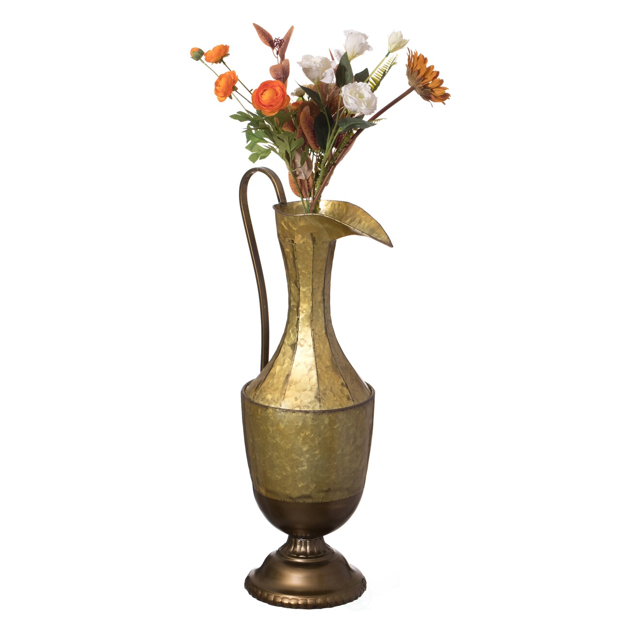 Decorative Antique Style 1 Handle Metal Jug Floor Vase - Vintage Inspired Rustic Design for Entryway, Living Room, or Dining Room - Ideal for Flower Arrangements, Greenery, or Standalone Display